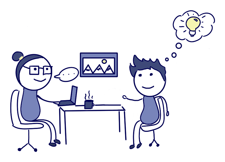 Doodle of an assessor and a client talking across a desk, with a lightbulb thought bubble